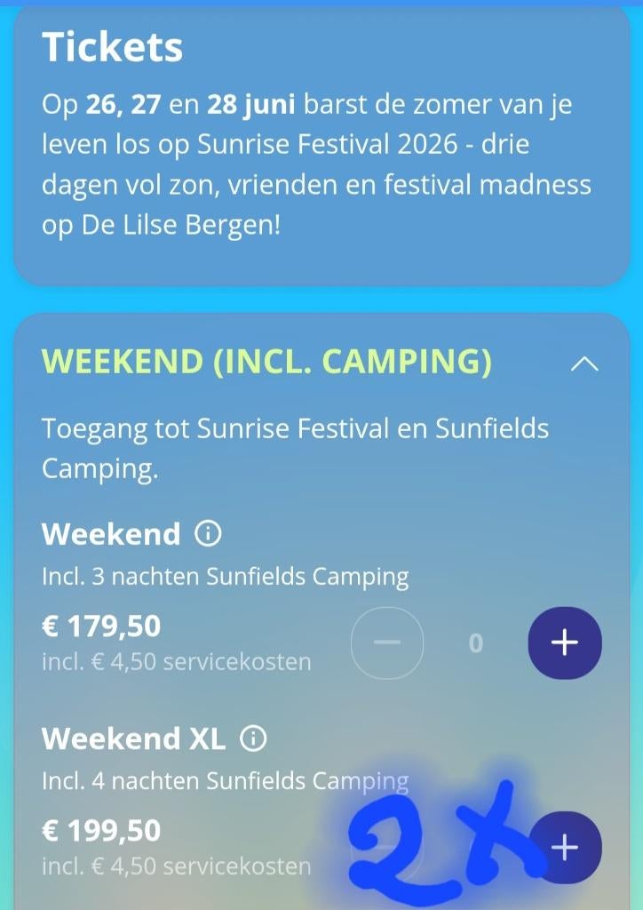 2tickets xl Sunrisefestival, incl. 4 dagen camping, Tickets en Kaartjes, Twee personen, Meerdaags
