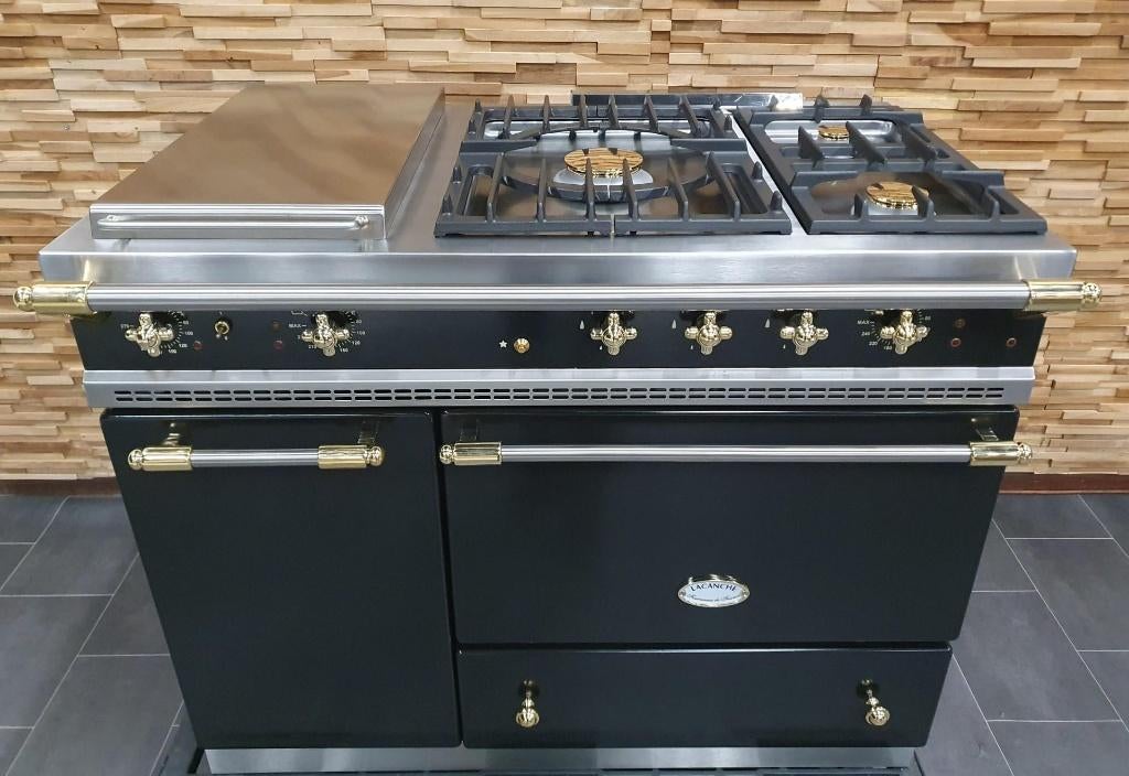 Luxe Lacanche Fornuis 110cm zwart messing 2 ovens teppan yak, Gaz, Classe énergétique A ou plus économe, Comme neuf, Enlèvement