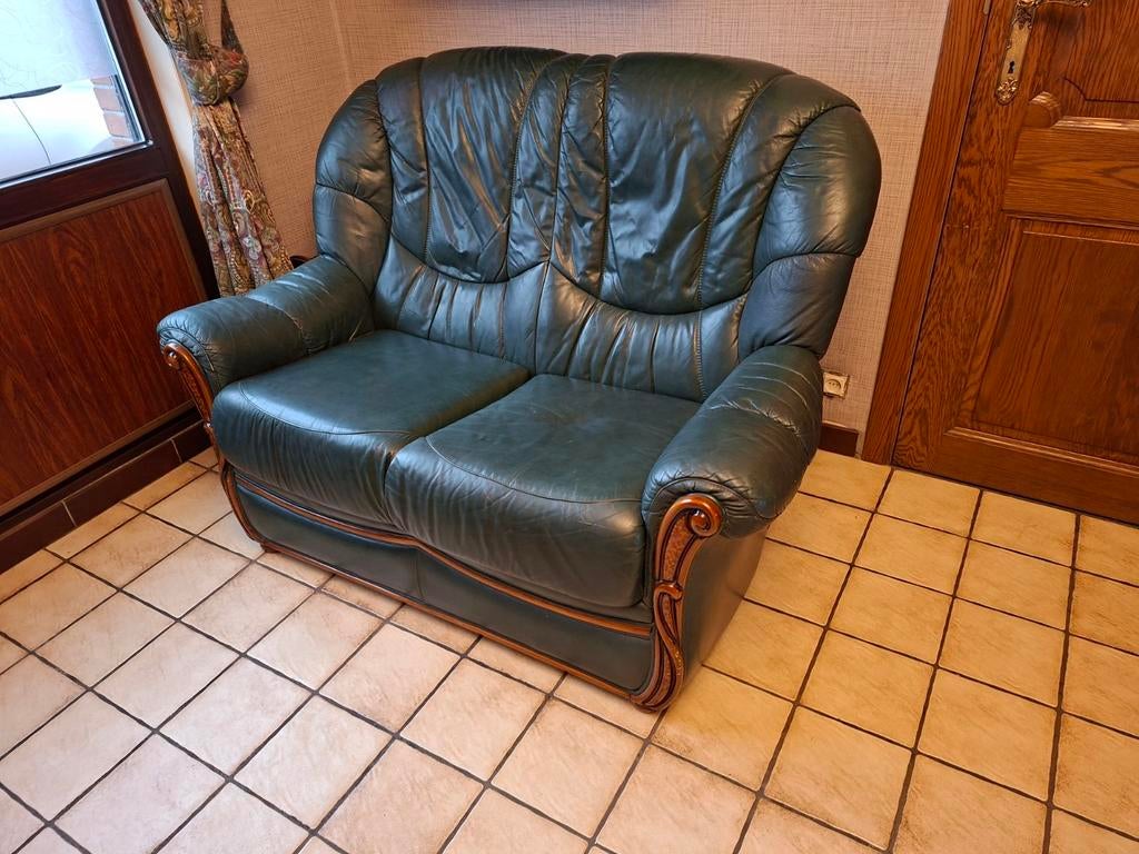 Klassieke groene lederen zetels, tweezit + 2 x eenzit, Huis en Inrichting, Fauteuils, Ophalen