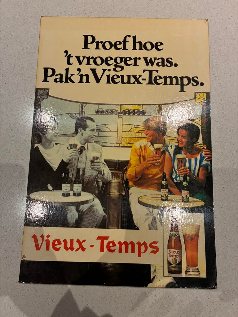 Reclamebord Vieux-Temps 47x31cm, Ophalen, Gebruikt, Reclamebord, Plaat of Schild