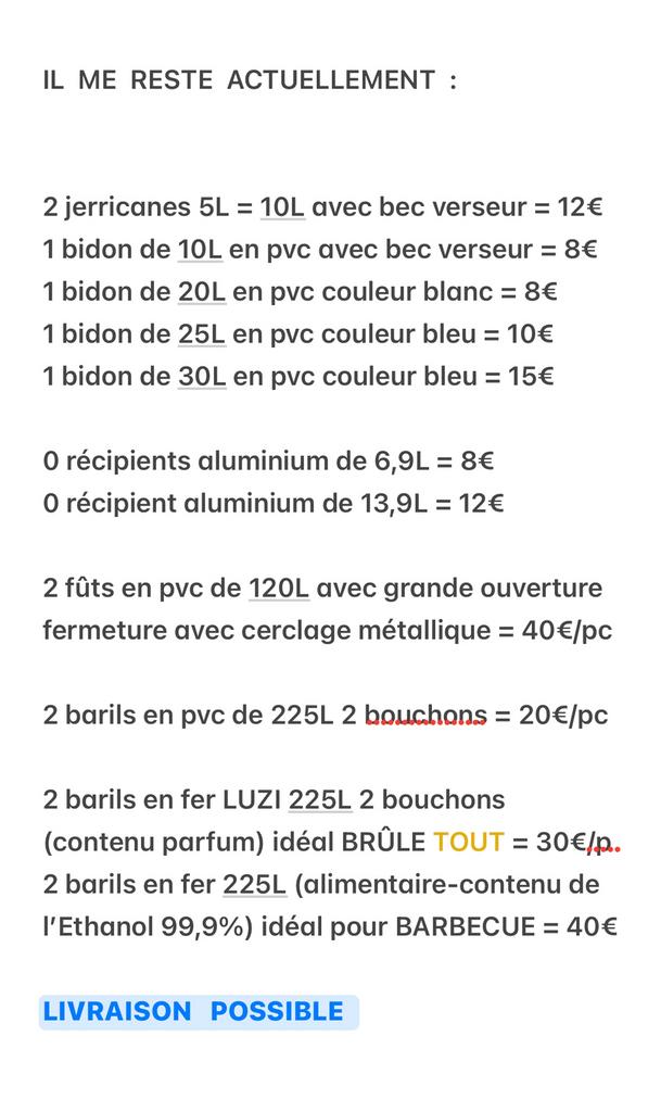 Baril 225L, bidons pvc 10L, 20L, 25L, 30L, 60L à partir de :, Enlèvement ou Envoi, Comme neuf
