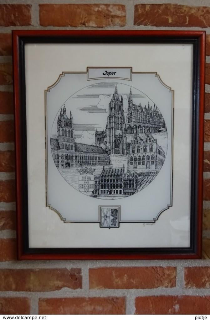 oude gravure van Ieper, kader, tekening, G. Swaenepoel, Antiek en Kunst, Kunst | Etsen en Gravures, Ophalen of Verzenden