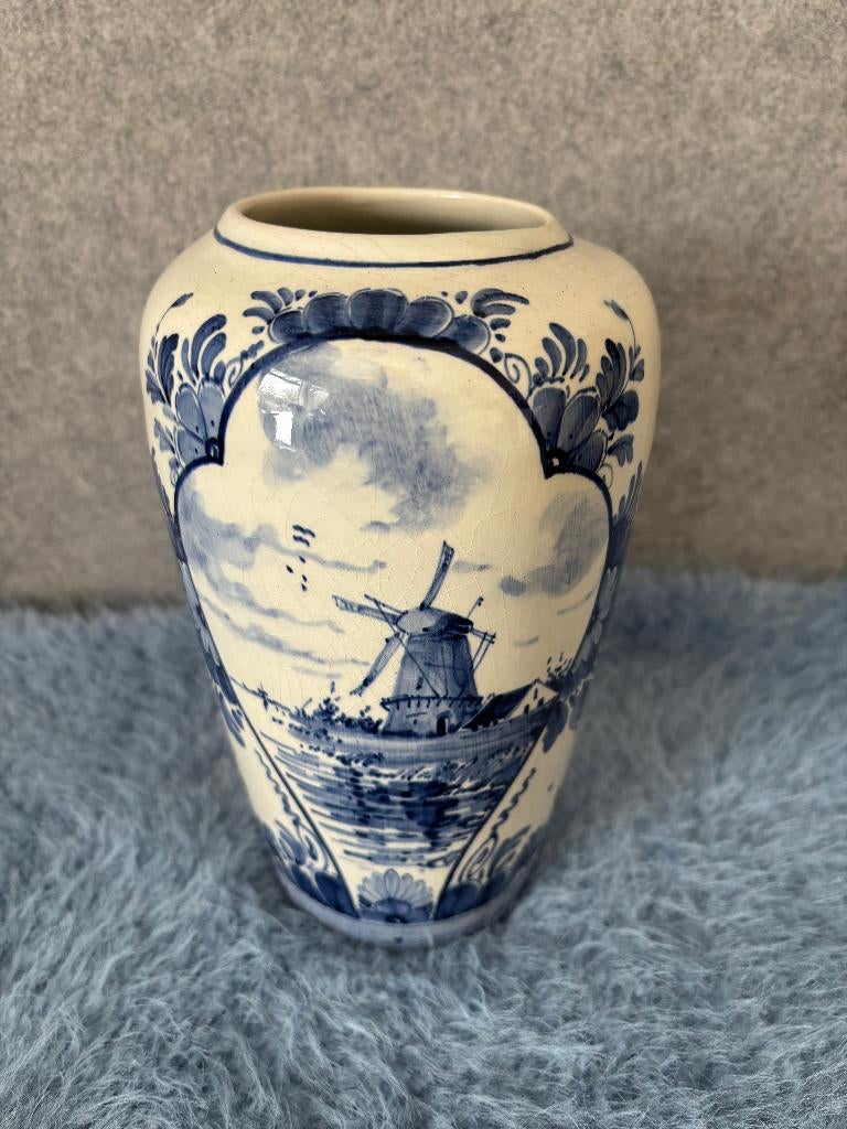 Delfts blauw ronde vaas met windmolen, Ophalen of Verzenden