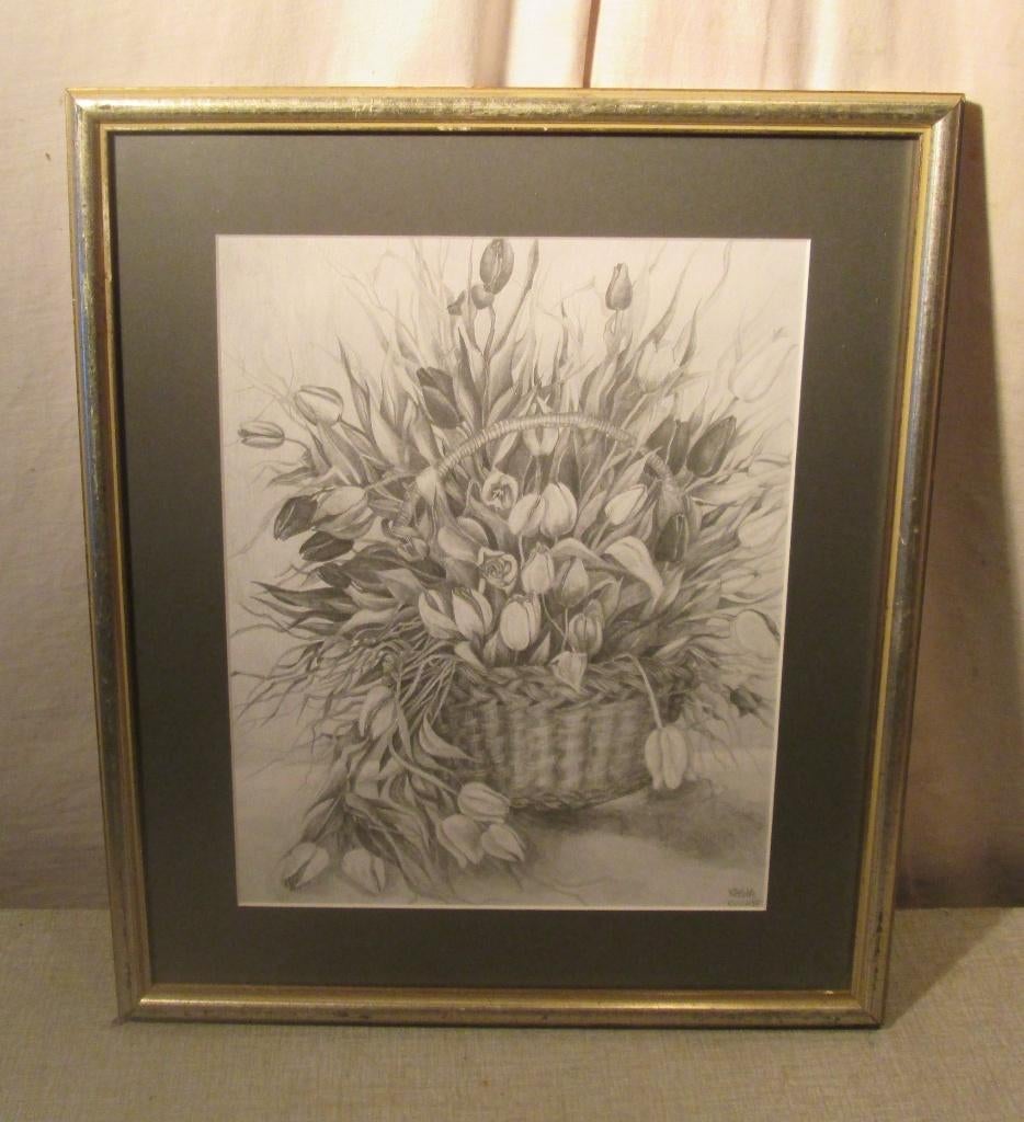 Mooie Tekening 'Korf met Tulpen' - Kasia Poland, Antiek en Kunst, Ophalen of Verzenden