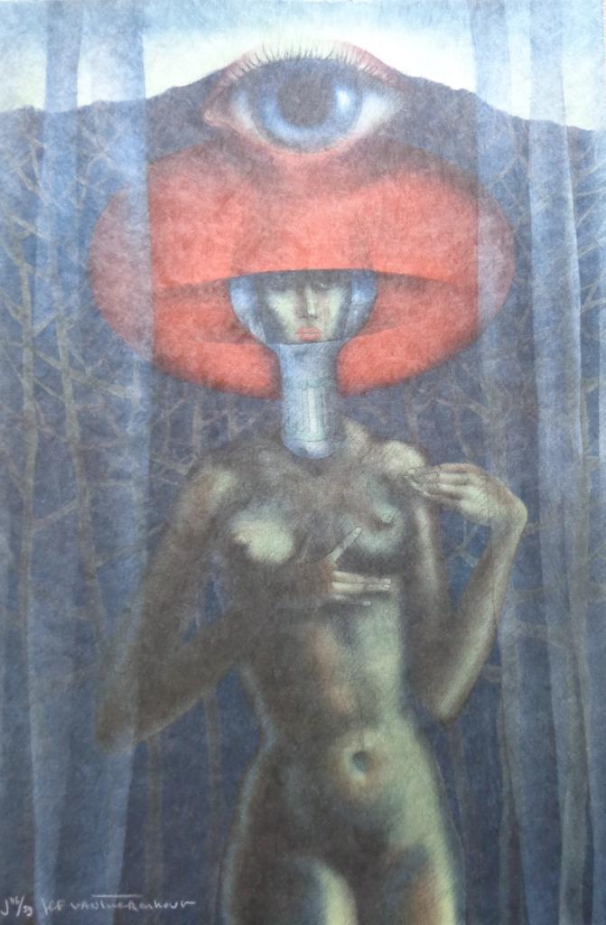 JEF VAN TUERENHOUT / KONINGIN MET OOG / ZEEFDRUK / 76x50cm, Antiek en Kunst, Kunst | Litho's en Zeefdrukken, Ophalen of Verzenden