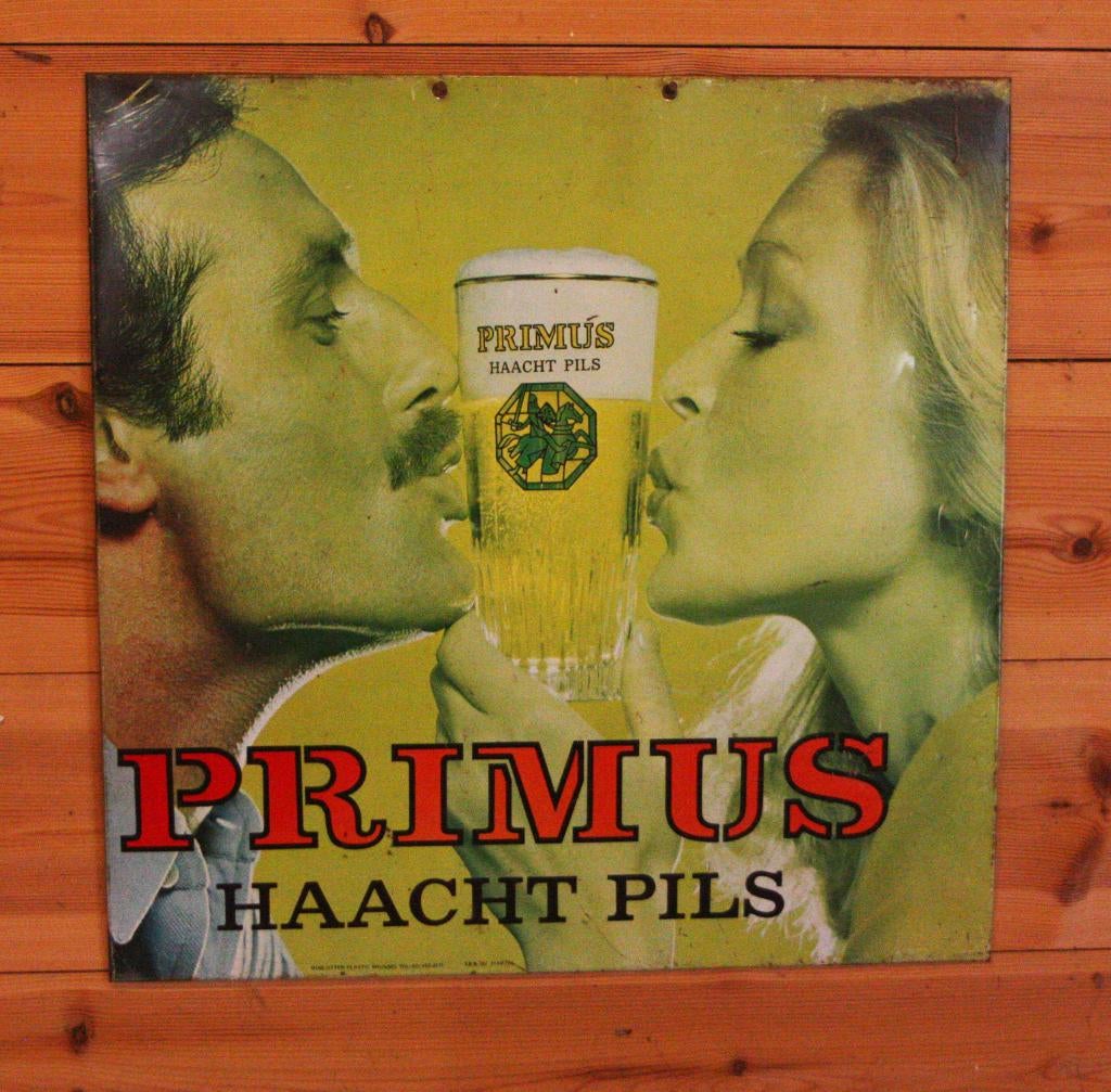 Primus Haacht Pils Reclamebord Uit Metaal / Uit Jaren 60?, Ophalen of Verzenden, Gebruikt, Reclamebord, Plaat of Schild