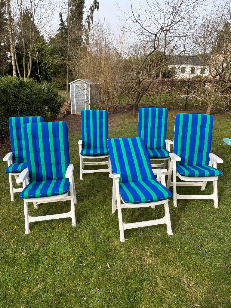 6 chaises de jardin de couleur blanche avec coussins, Jardin & Terrasse, Enlèvement, Comme neuf, Plastique, Pliant