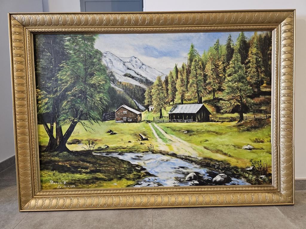 Grand tableau 135cm X 95cm peinture paysage signé 1976, Ophalen