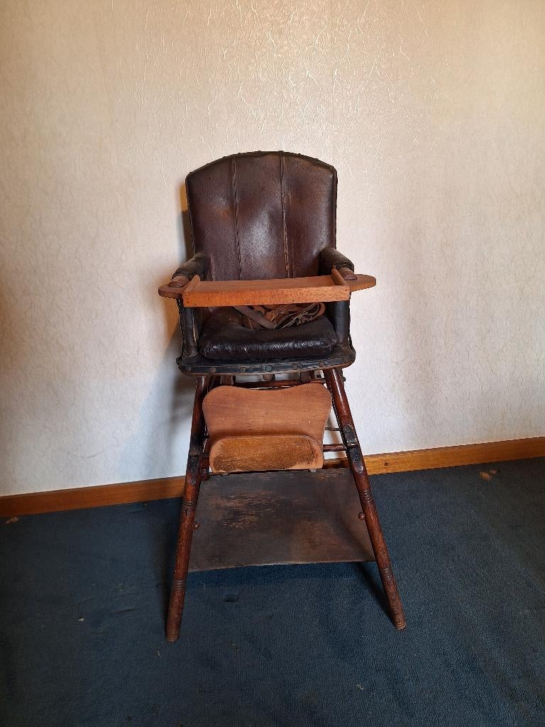 oude houten lederen kinderstoel, eind 1800, Antiek en Kunst, Curiosa en Brocante, Ophalen