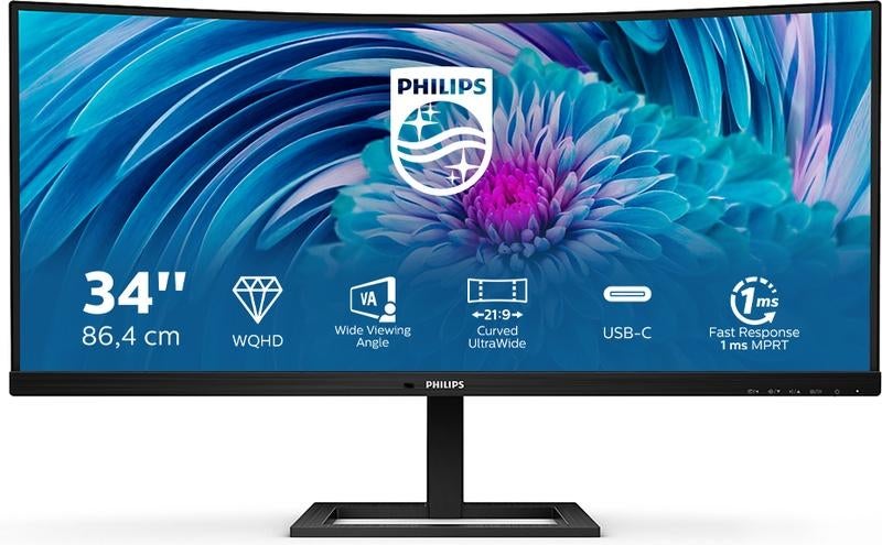 Philips 346E2CUAE Curved UltraWide Monitor - USB-C, Philips, 3 tot 5 ms, Hoofdtelefoonaansluiting, VA