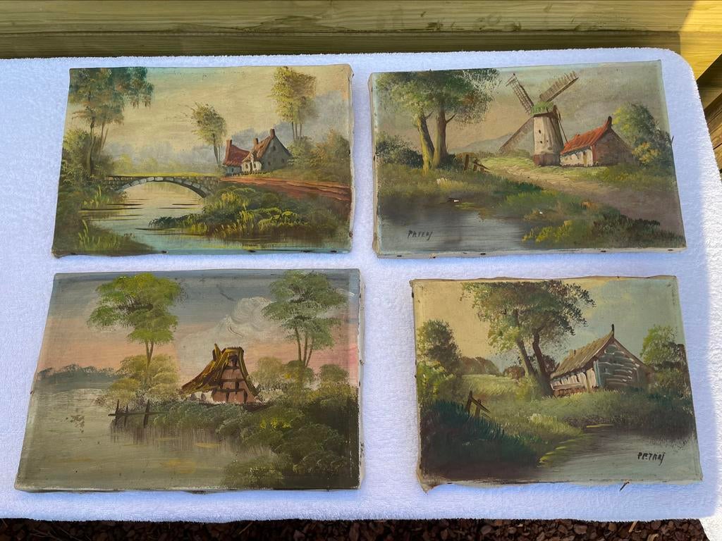 4 vieux tableaux de peinture E. Miller Petry ? nature, Antiquités & Art, Enlèvement ou Envoi