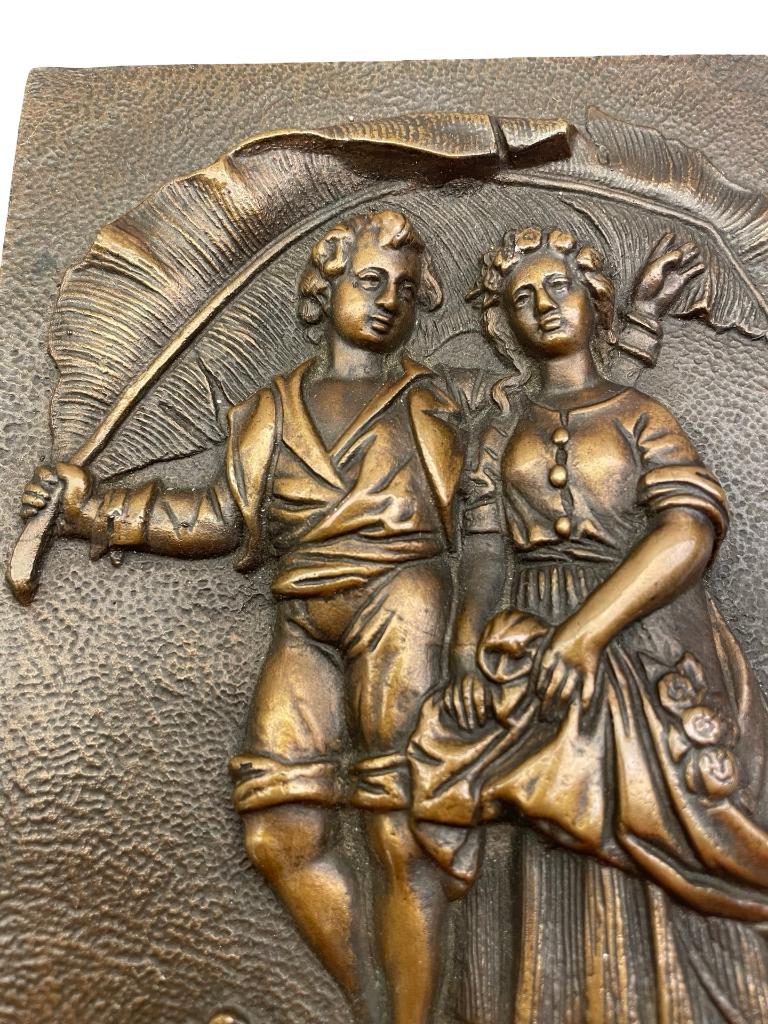 Decoratieve bronzen plaquette Landelijke idylle Eind 19e/20e, Ophalen of Verzenden, Brons