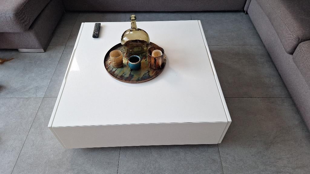 Salontafel met schuiven in hoogglans wit, Huis en Inrichting, Tafels | Salontafels, Gebruikt, Minder dan 50 cm, 50 tot 100 cm