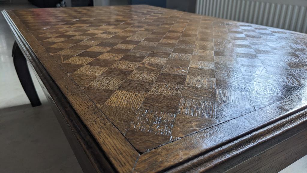 Eikenhouten salontafel met mozaïk inleg., Ophalen, 100 tot 150 cm, Klassiek, Eikenhout