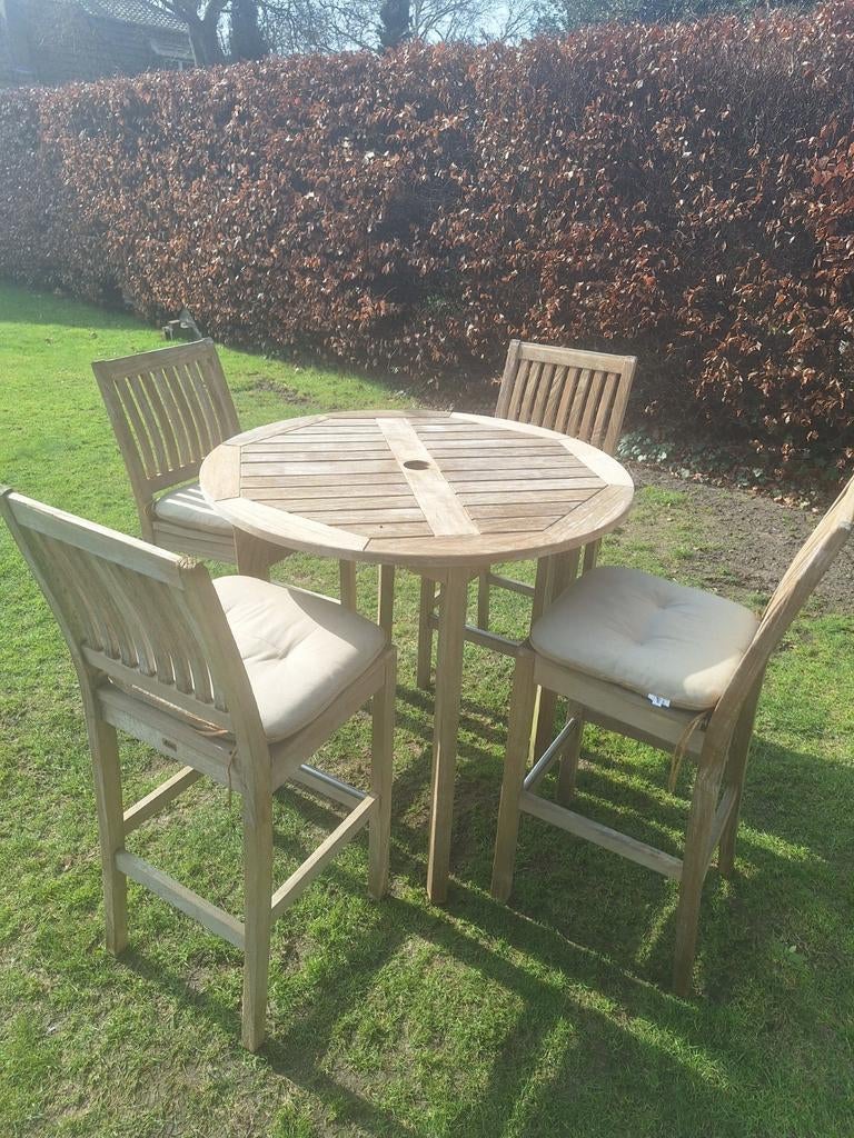 Gloster bartafel met 4 Gloster barkrukken., Tuin en Terras, Ophalen