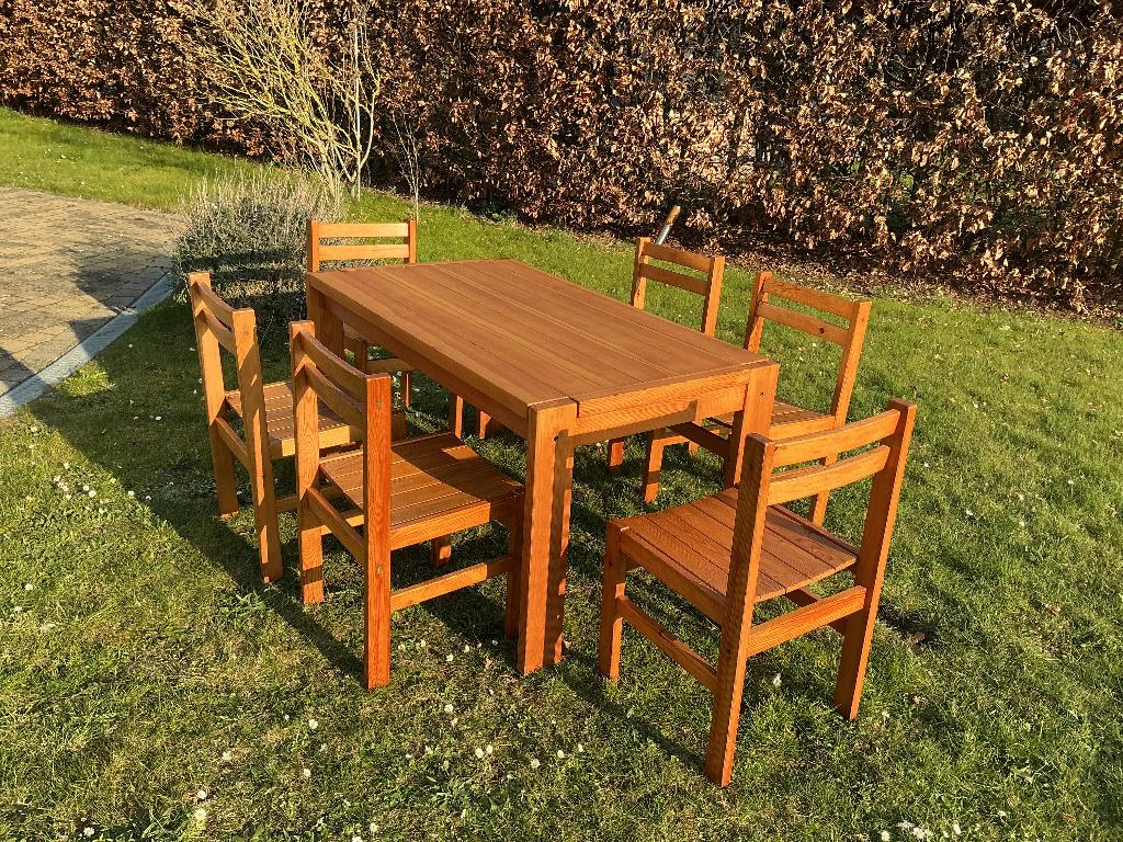Massief houten eettafel+ 6 stoelen, grenen, 140 op 80 cm, Huis en Inrichting, Ophalen, Gebruikt, 100 tot 150 cm, 50 tot 100 cm