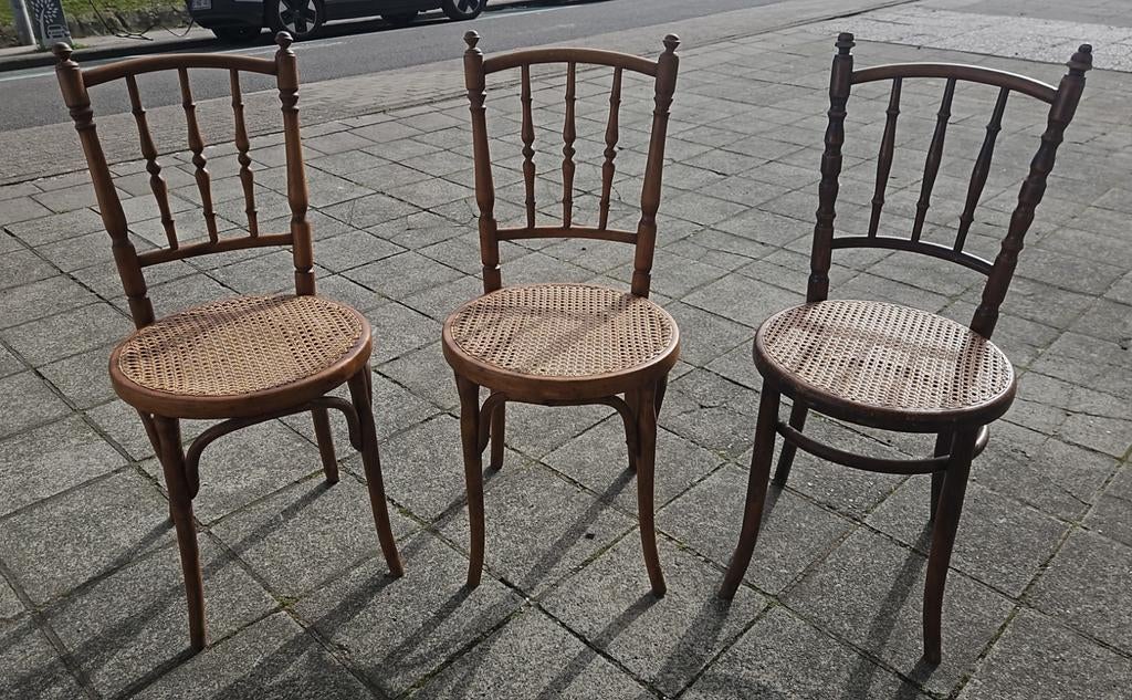 3 vintage bistrostoelen Fischel met webbing zit - setprijs, Ophalen