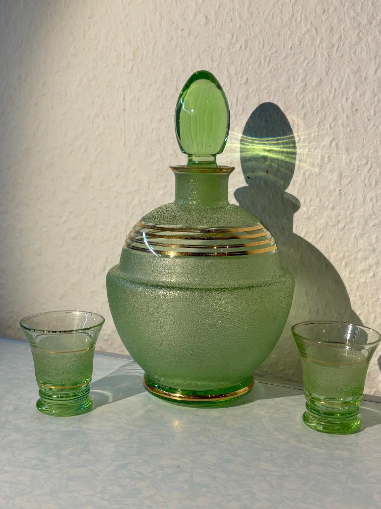 Vintage booms glas karaf en 2 borrelglaasjes, Ophalen of Verzenden