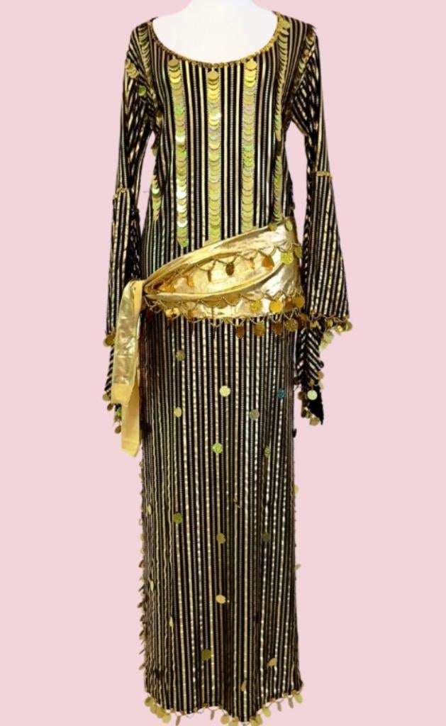 Glamourjurk in zwart en goud met pailletten en franjes, Maat 38/40 (M), Galabeya, Overige typen, Overige kleuren