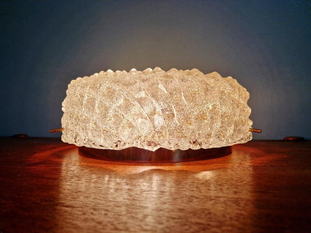 Grote plafondlamp in messing en matglas, Hillebrand, 1970, Ophalen of Verzenden