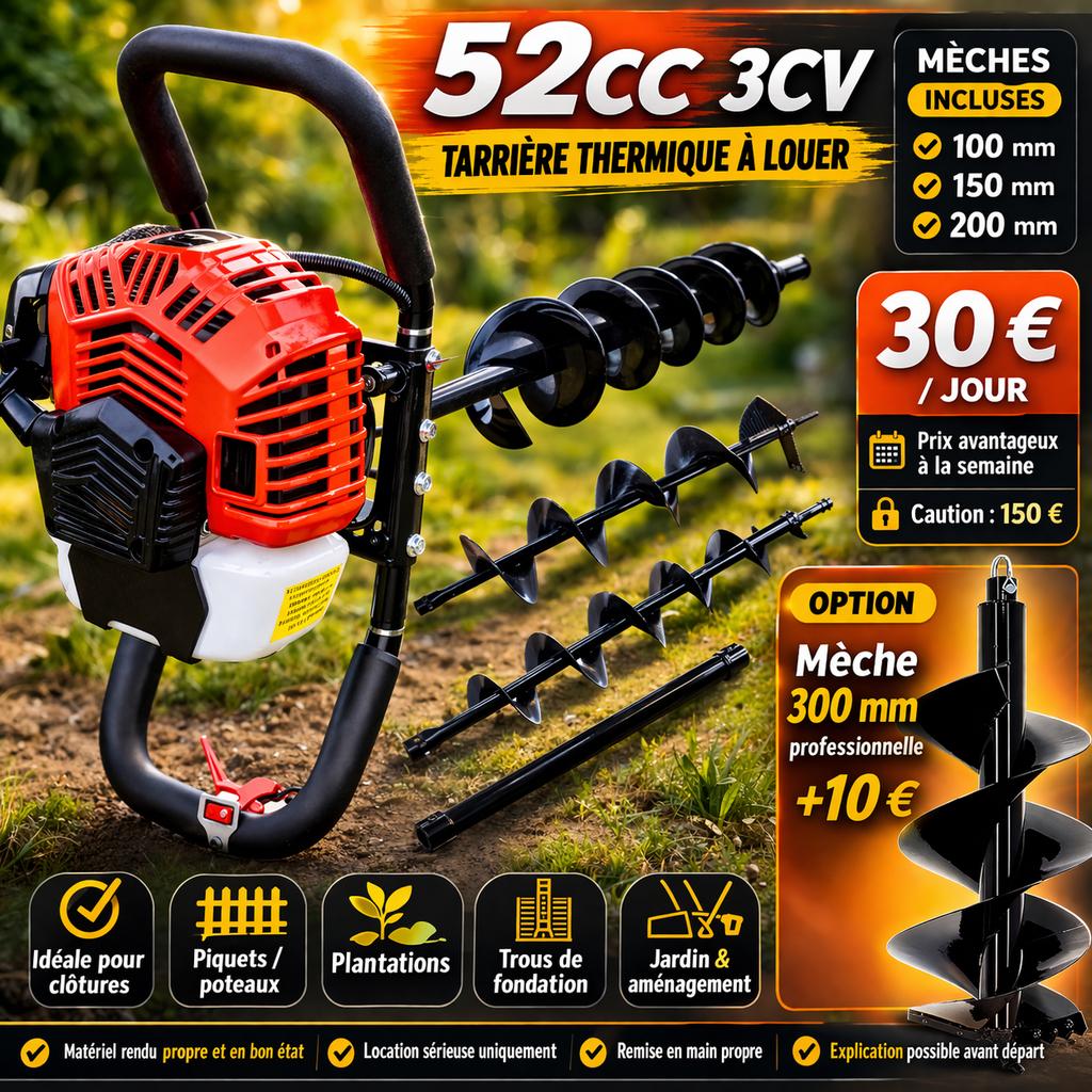 Location tarrière thermique 52cc 30€/jour 3 mèches incluses, Articles professionnels, Enlèvement, Autres types