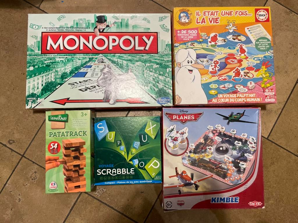 Lot jeux de société Monopoly Scrabble Jenga Planes, Ophalen of Verzenden, Zo goed als nieuw