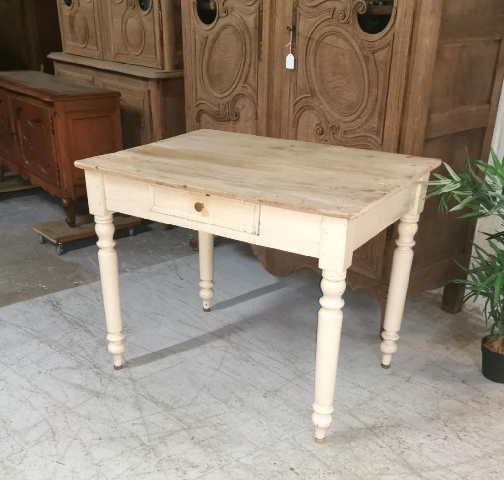 Table de ferme ancienne en brocante plateau blanc 96x69 H77, Enlèvement