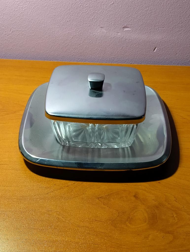 Beurrier en verre et métal Demeyere 10cm H 5cm vintage 60, Antiquités & Art, Enlèvement