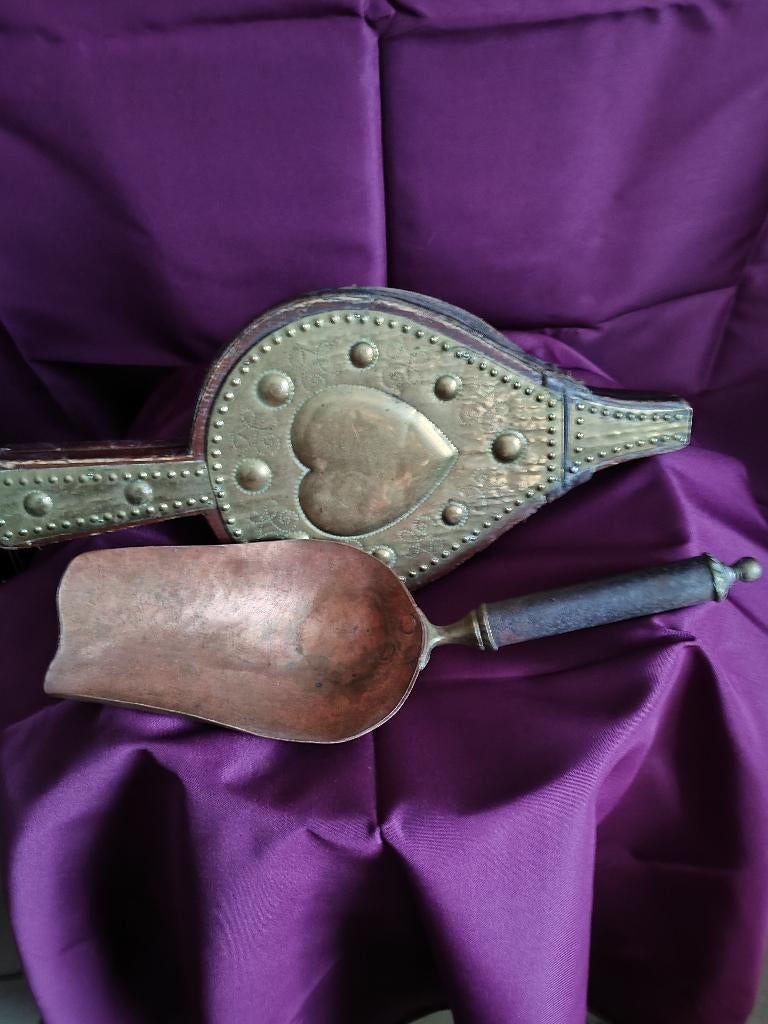 set antieken blaasbalg en kolenschep in rood koper, Antiek en Kunst, Ophalen, Koper