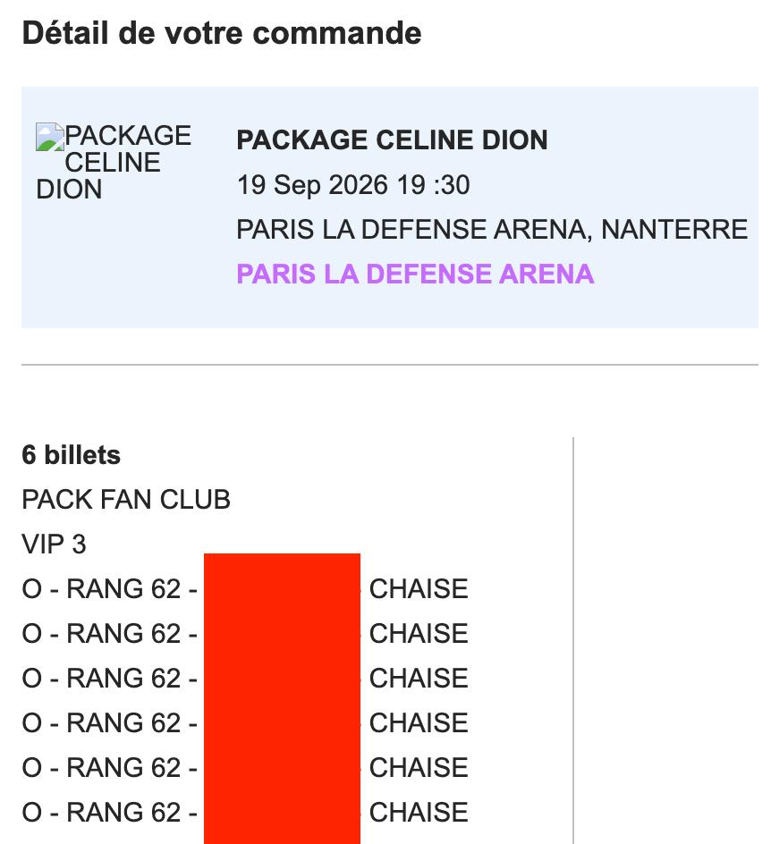 2x Tickets Céline Dion Paris en VIP3 RANG 62 - 19/09/2026, Tickets & Billets, Concerts | Chanson française, Deux personnes, Septembre