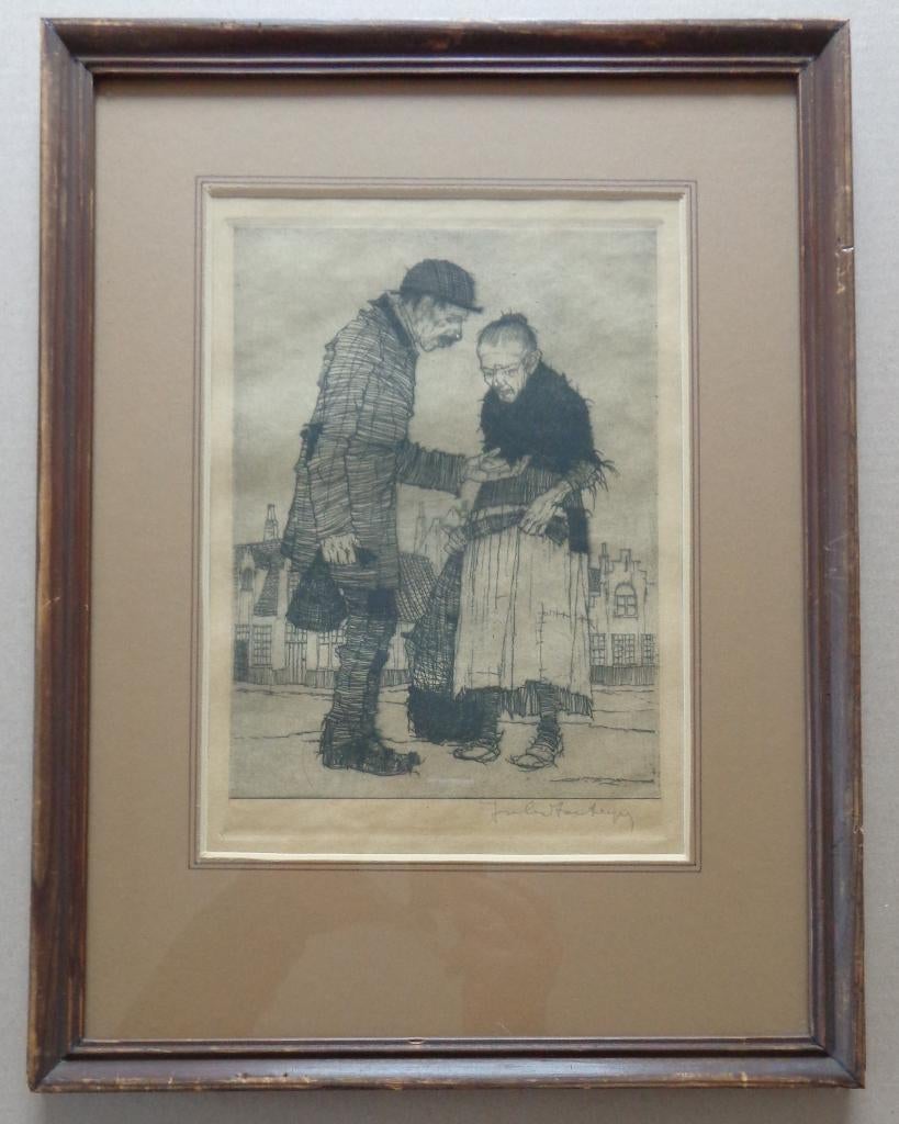 JULES FONTEYNE / OUD KOPPEL / ZW-W ETS / 42x32cm / KADER, Eau-forte, Enlèvement ou Envoi, Signé, Vie quotidienne