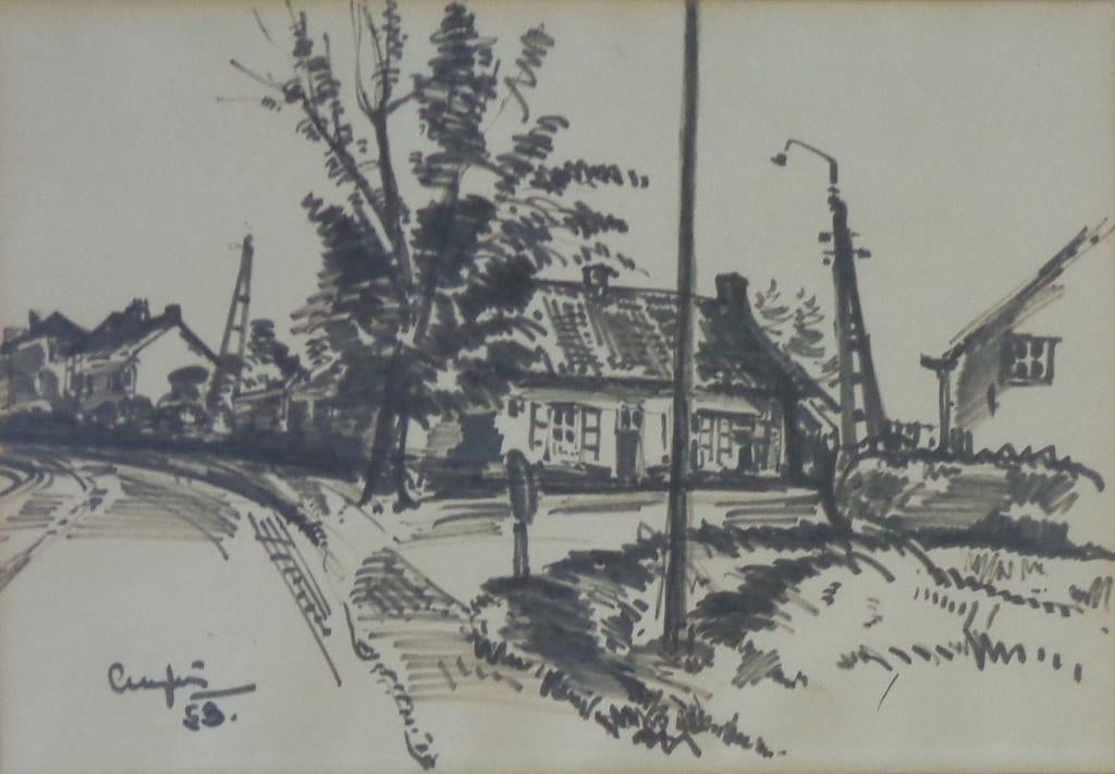 JULIEN CREYTENS / DORPSZICHT / ORIGINEEL / 48x63cm / KADER, Ophalen of Verzenden