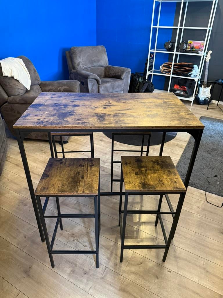 Table haute style industriel + 4 tabourets – ensemble, Maison & Meubles, 100 à 150 cm, Quatre personnes, Comme neuf, Enlèvement