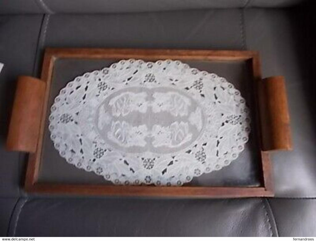 PLATEAU DE BOIS VERRE DENTELLE ANCIEN (DENTELLE CALAIS, CAMB, Enlèvement ou Envoi