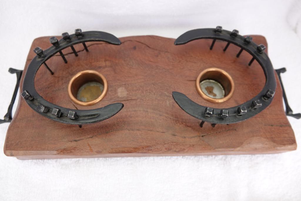 hoefijzer kunst : schotelverwarmer met koperen kaarsenhouder, Antiek en Kunst, Ophalen of Verzenden