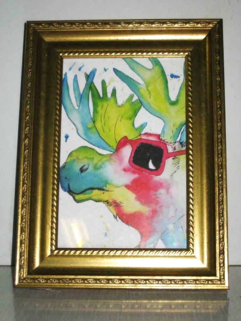 Mooie oude Aquarel schilderij (Hert met bril) met houten kad, Enlèvement ou Envoi