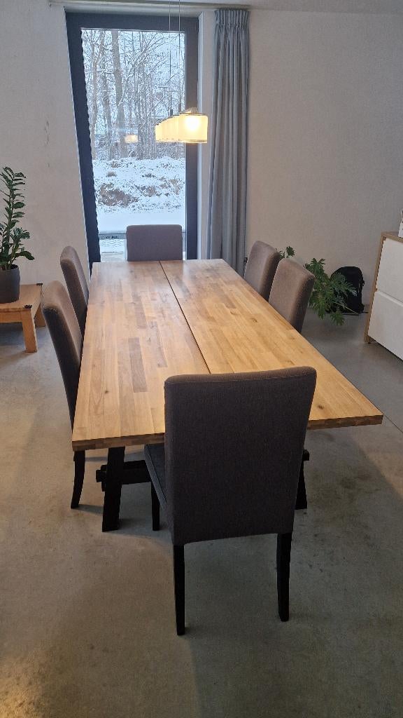 eettafel Ikea SKOGSTA + 6 stoelen BERGMUND, Comme neuf, 100 à 150 cm, Enlèvement, Rectangulaire