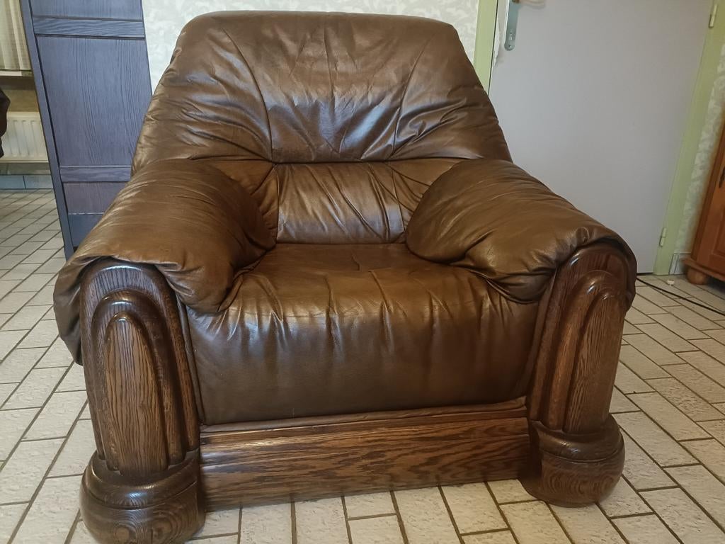 Lederen fauteuil. Cognac bruin. Massief eik., Ophalen, Leer