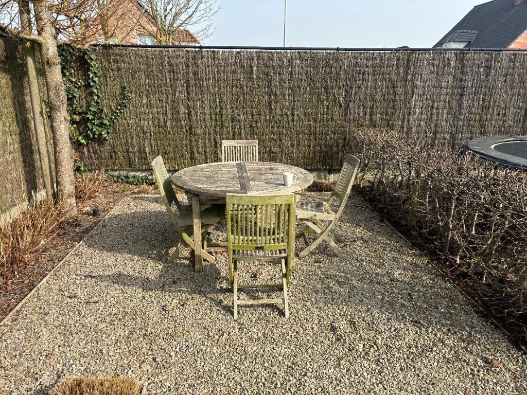 Table de jardin en teck avec 4 chaises, Jardin & Terrasse, Tables de jardin, Utilisé, Rond, Bois de teck, Enlèvement