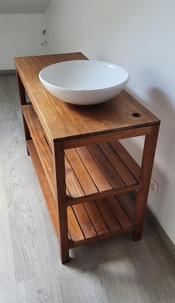Meuble de salle de bain en teck + lavabo, Maison & Meubles, Enlèvement, Comme neuf, Meuble lavabo