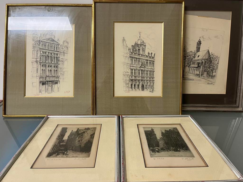 Bruxelles - 3 dessins Louis Grandel 2 gravures Michotte, Antiquités & Art, Art | Peinture | Classique, Enlèvement ou Envoi