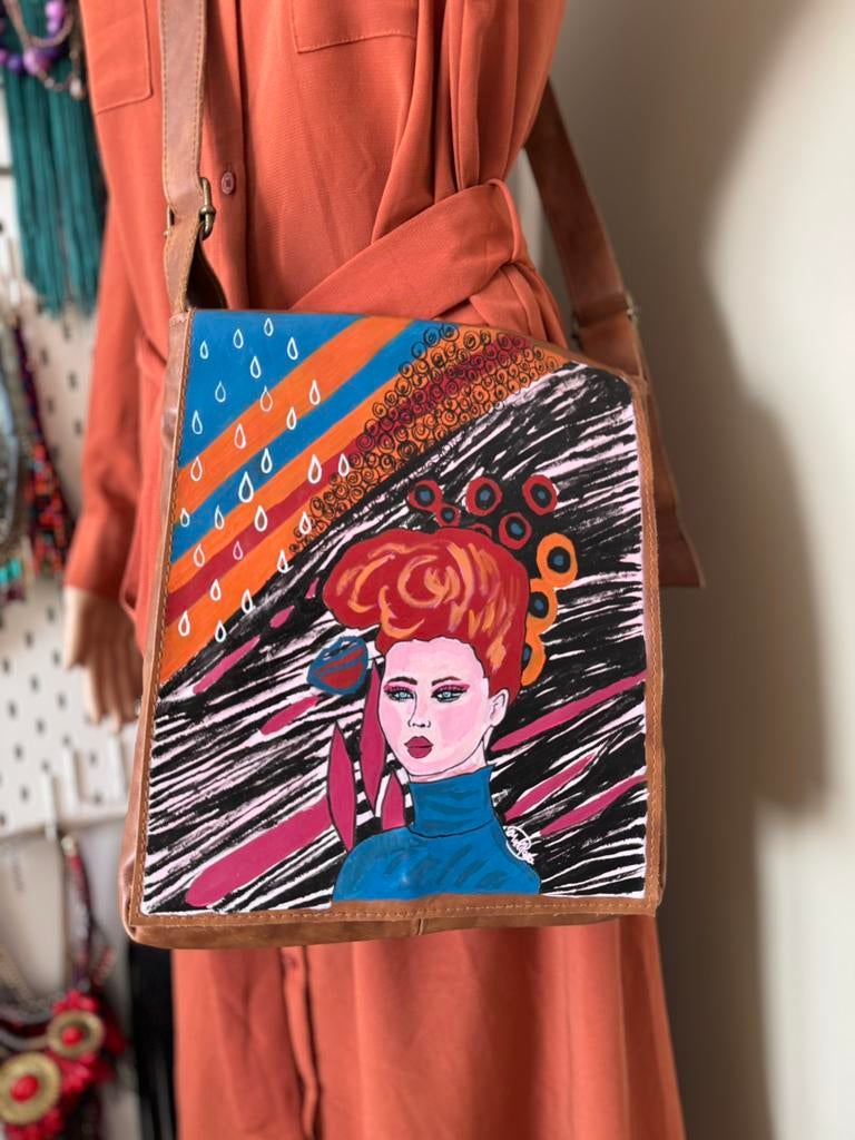 Gorgeous hand-painted vintage leather bag, Overige merken, Gebruikt, Bruin, Ophalen of Verzenden