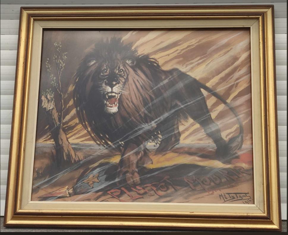 Technique mixte lion plutôt mourir signe medart tytgat, Antiquités & Art, Enlèvement