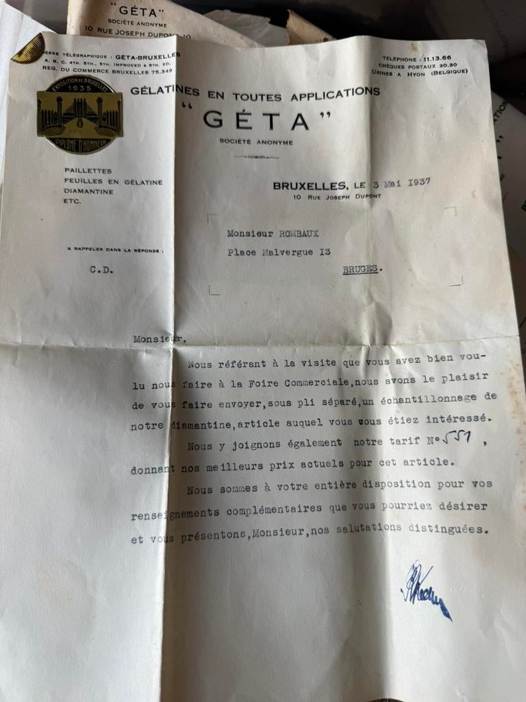 Vintage staalset 1937 GÉTA Bruxelles – samples + brief, Fietsen en Brommers, Handleidingen en Instructieboekjes, Ophalen, Zo goed als nieuw