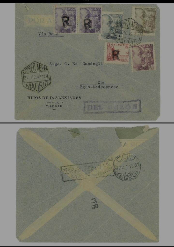 Lettre aérienne Madrid Coo Égée Dodecanese 1942, Enlèvement ou Envoi, Lettre
