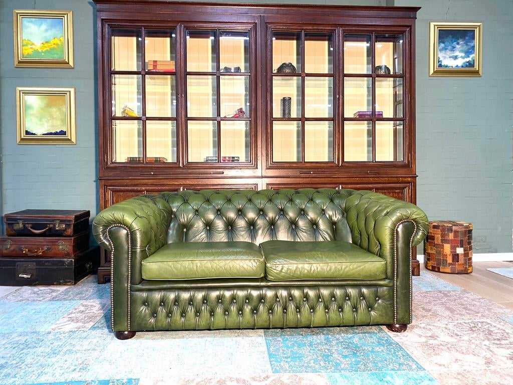 Engelse Chesterfield zetel antiek groen, Ophalen of Verzenden, Leer
