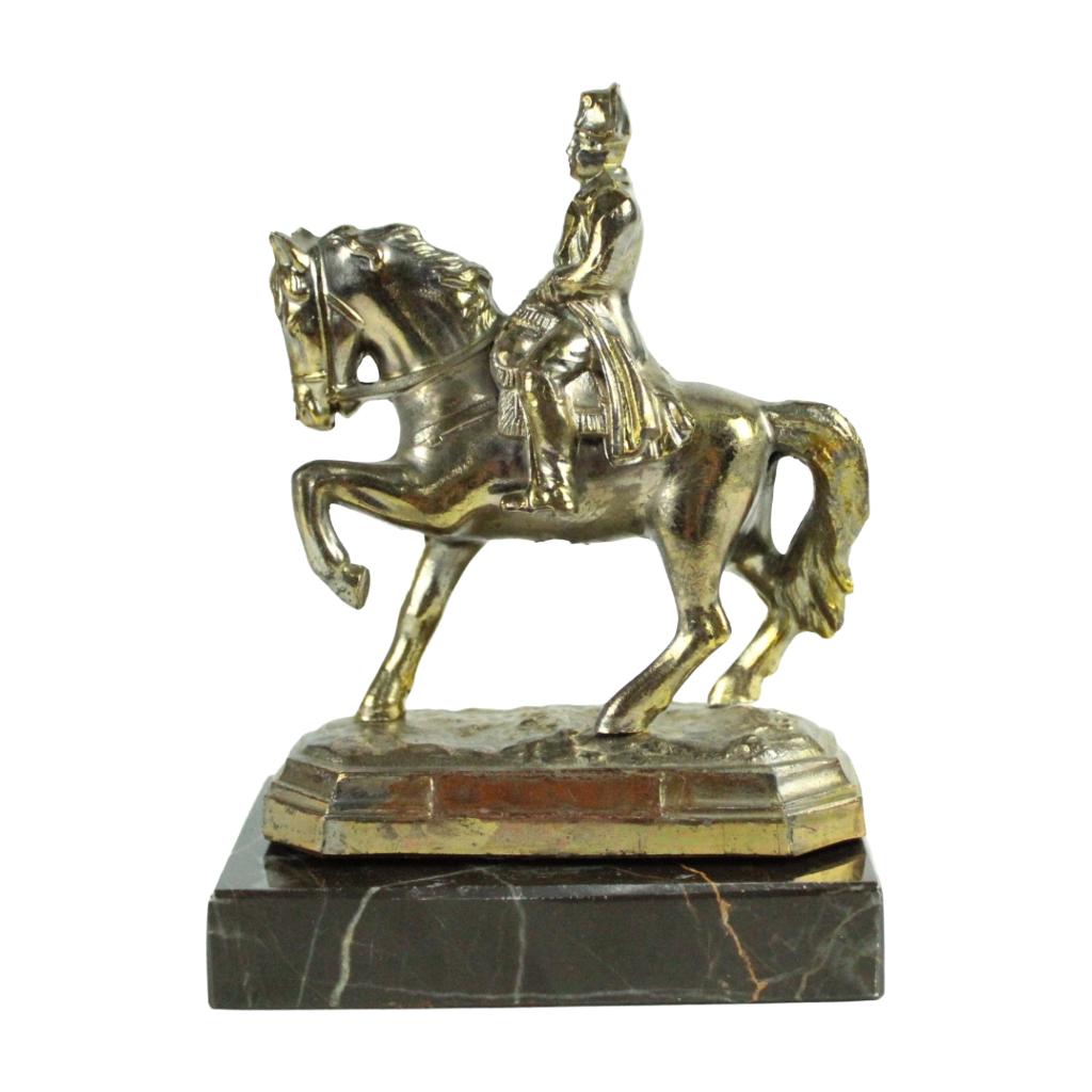 Messing ruiter beeld op marmeren voet – ca. 1950–1975, Antiek en Kunst, Antiek | Woonaccessoires, Ophalen of Verzenden