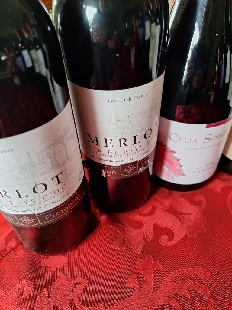 4  flessen rode wijn van verschillende herkomst en jaren, Verzamelen, Ophalen, Frankrijk, Nieuw, Rode wijn