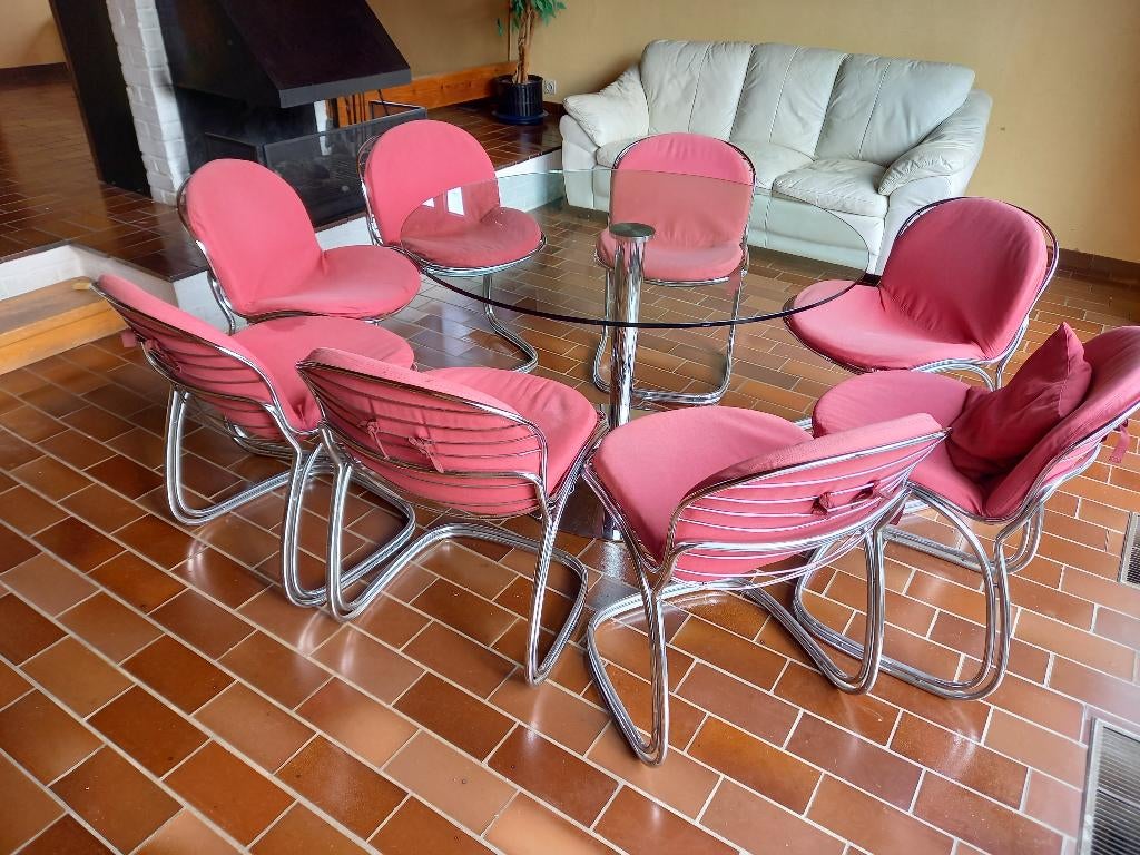 Table et 8 chaises en acier chromé, Années 1980, Autres couleurs, Comme neuf, Enlèvement