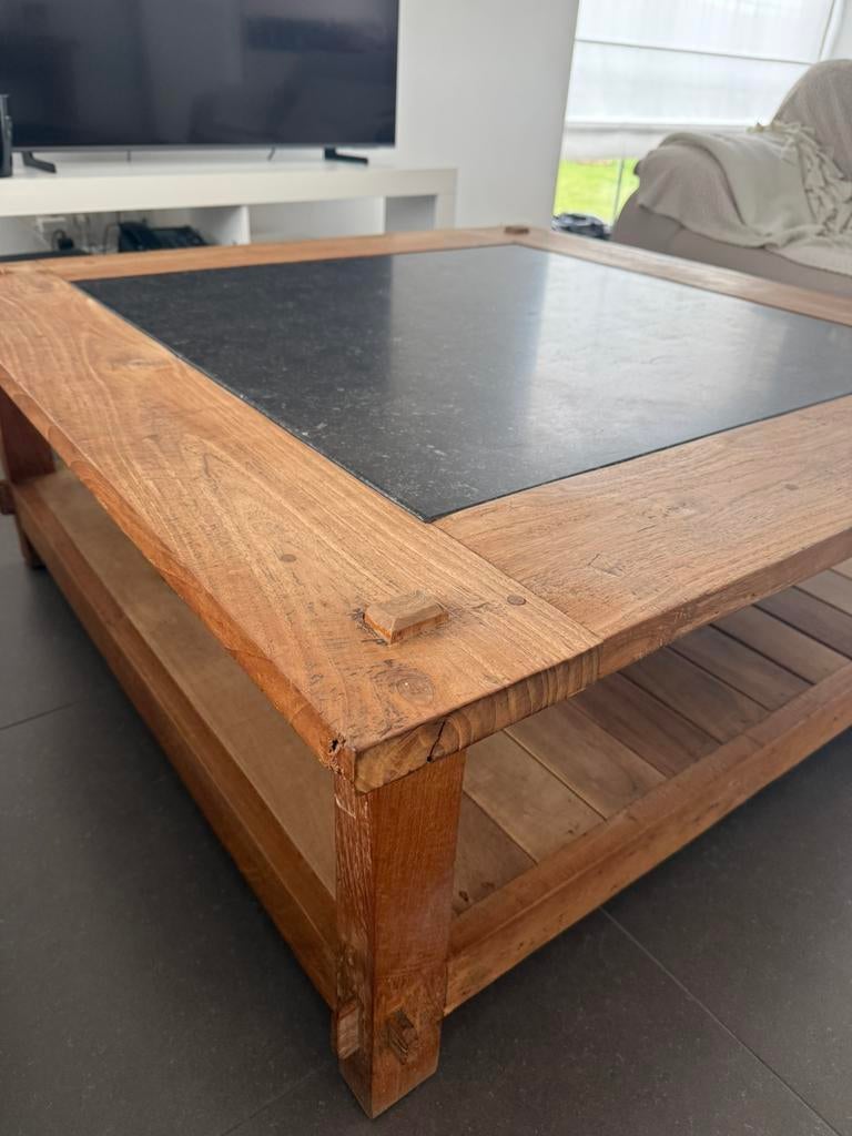 Teak salontafel met marmeren blad, Huis en Inrichting, Tafels | Salontafels, Ophalen, Zo goed als nieuw